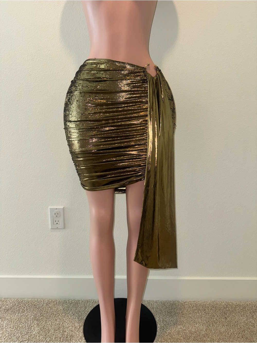 ASOS Metallic Olive Green Ruched Mini Skirt with Draped Sash